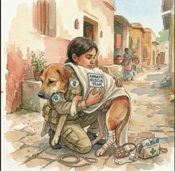 An Animitr rescue team volunteer helps an injured dog on the street